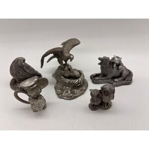 Lot of 5 mini pewter animals, owls, partridge, wolves, eagles and mouse.